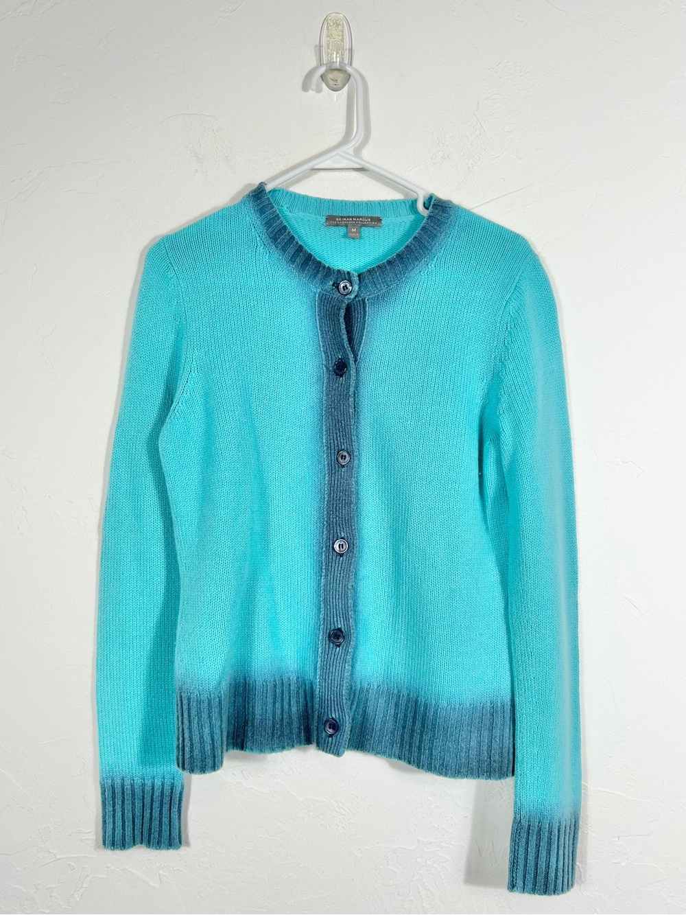 Neiman Marcus Cashmere Silk Ombre Cardigan Sweater M Blue Aqua Dip Dye Knit